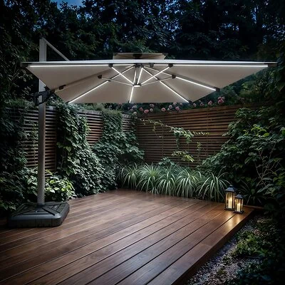 SOLACE+CO Soleil 3m Square Garden Parasol with Solar LED Lights Beige