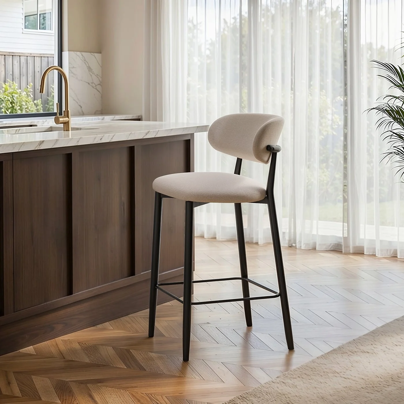 SOLACE+CO Cyra Set of 2 Bar Stools with Curved Back & Footrest Beige Chenille image 2