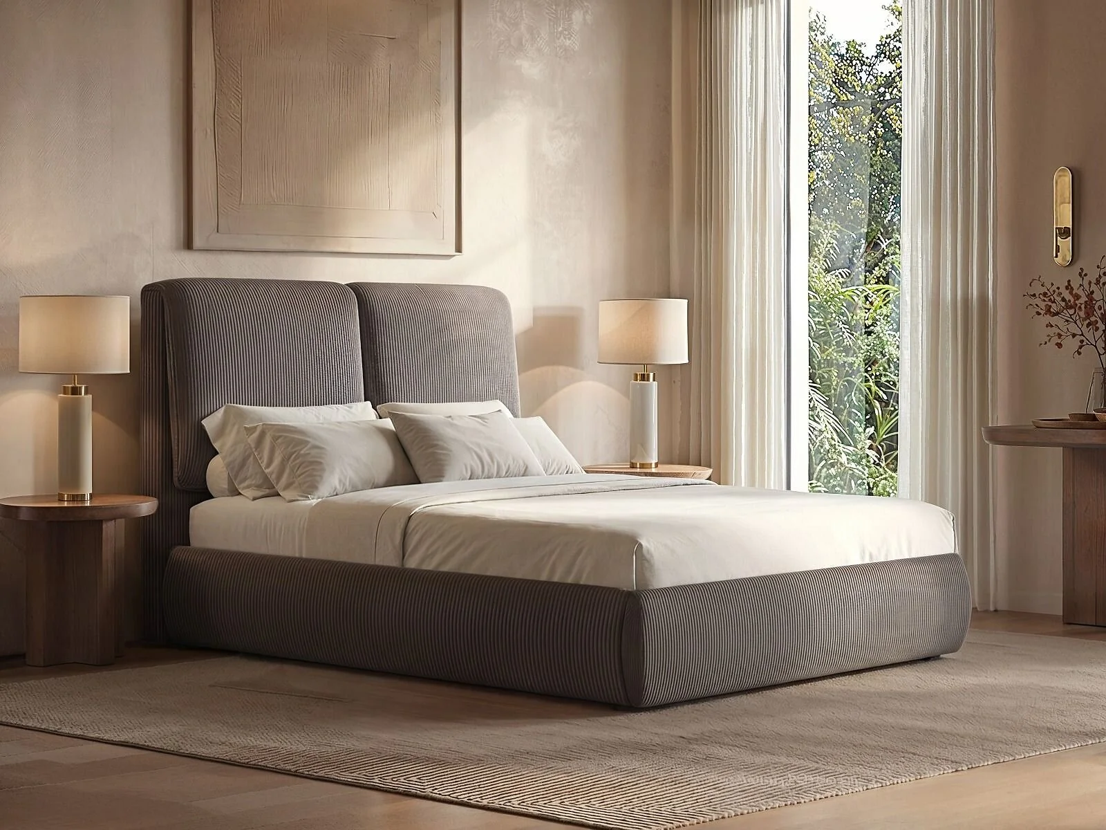Lydia Cord Ottoman Bed Frame with cushioned headboard