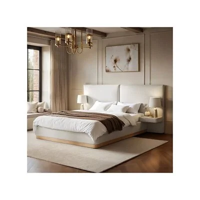 SOLACE+CO Vera Hotel Bed with Integrated Bedside Tables Cream Chenille