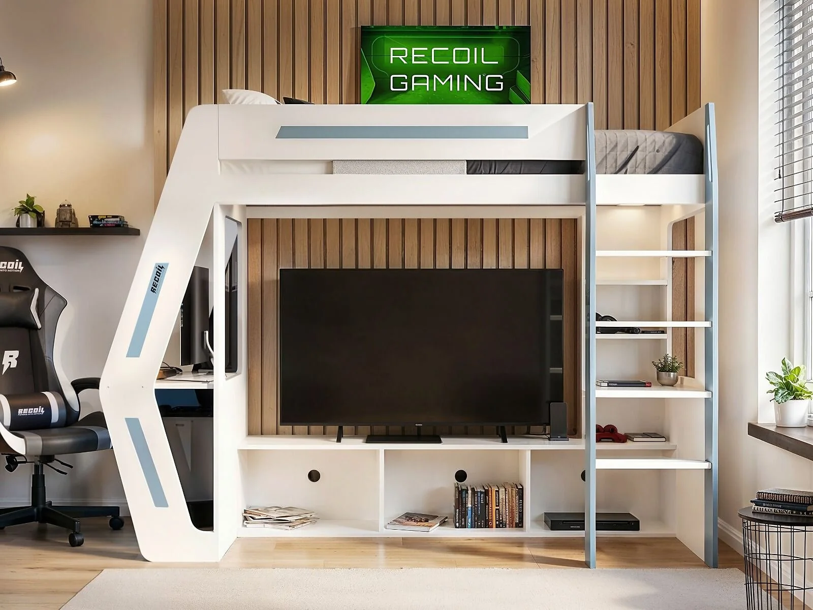 Recoil Alister gaming bed with large built-in TV stand