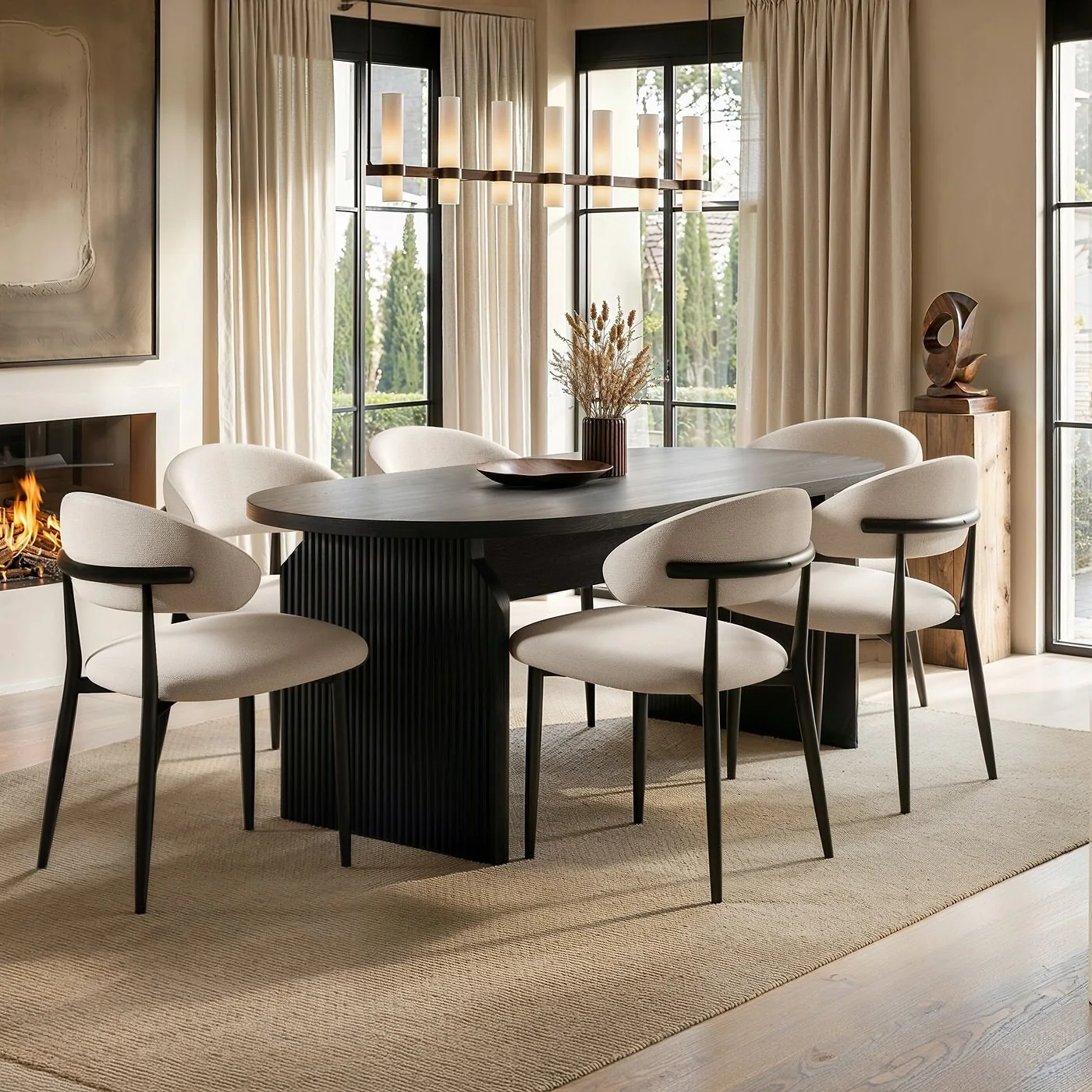 SOLACE+CO Varm & Cyra Black Dining Table Set with Beige Chenille Chairs