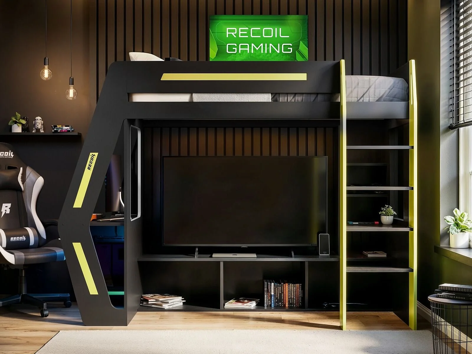 Recoil Alister gaming bed with large built-in TV stand