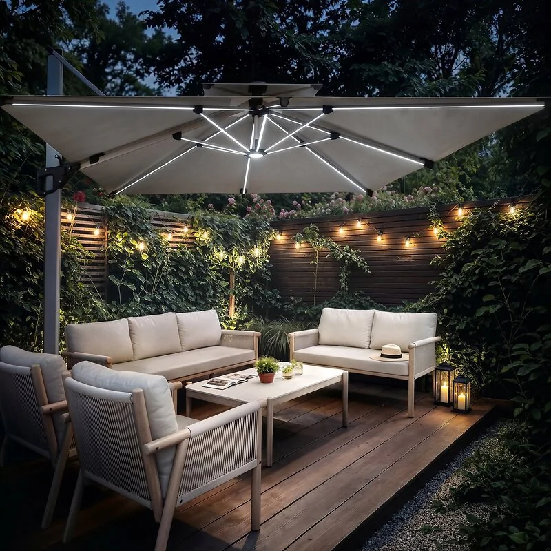 SOLACE+CO Soleil 3m Square Garden Parasol with Solar LED Lights Beige image 2
