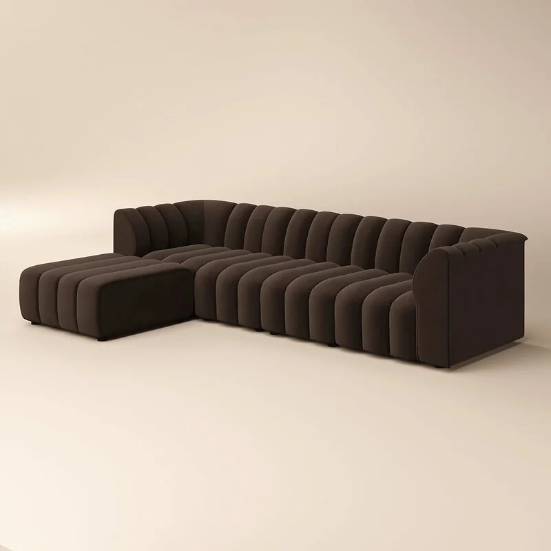 SOLACE+CO Halle Channel Tufted 4 Seater Modular Sofa with Reversible Footstool Mocha Velvet image 4