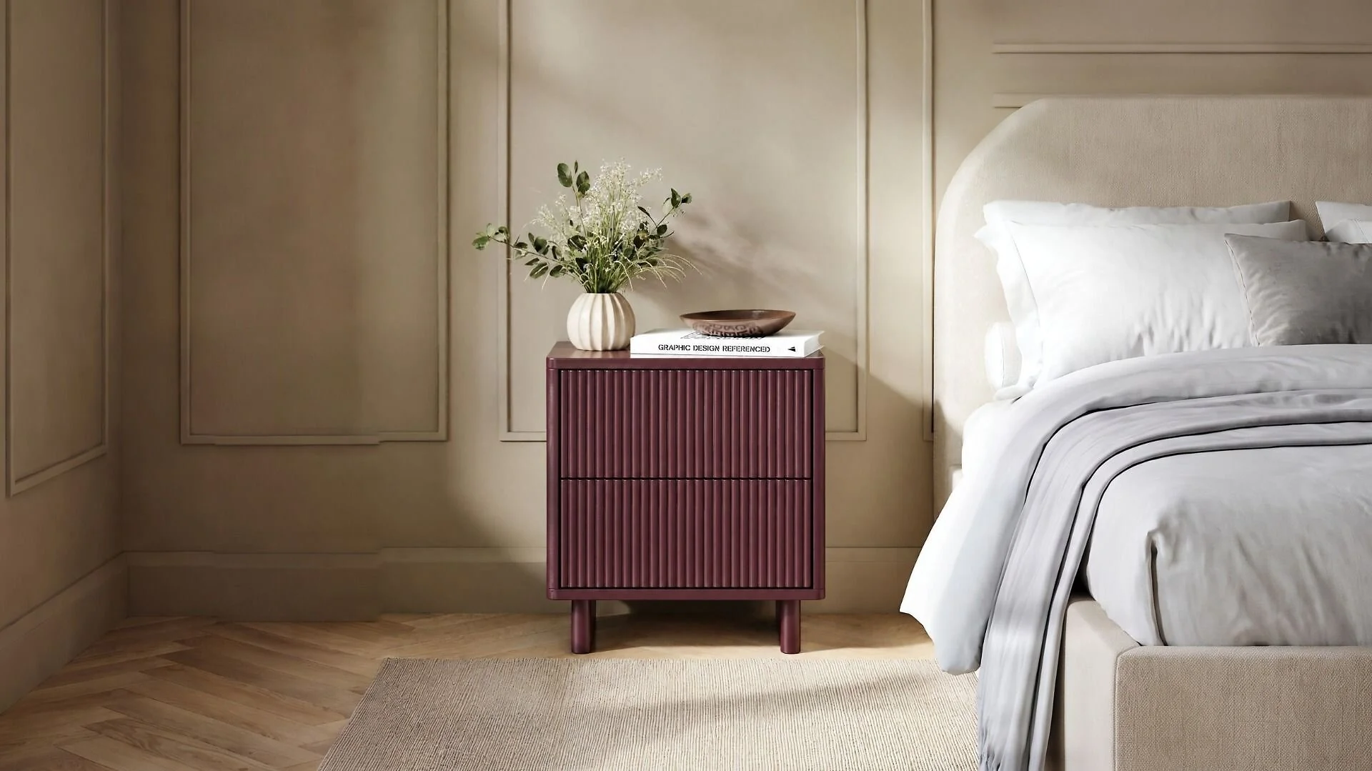SOLACE+CO Velmor 2 Drawer Ribbed Bedside Table Burgundy