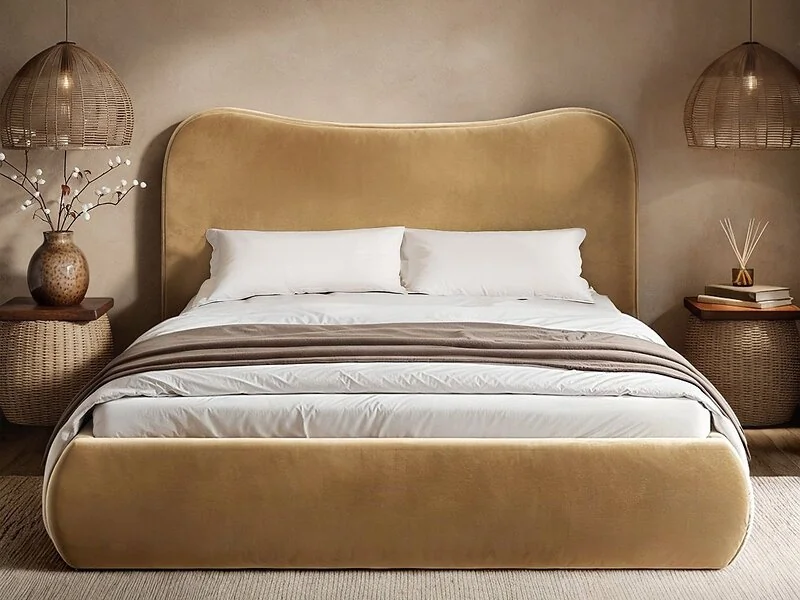 SOLACE+CO Ember curved headboard ottoman bed in Sand Velvet styled in a warm modern bedroom - front angle