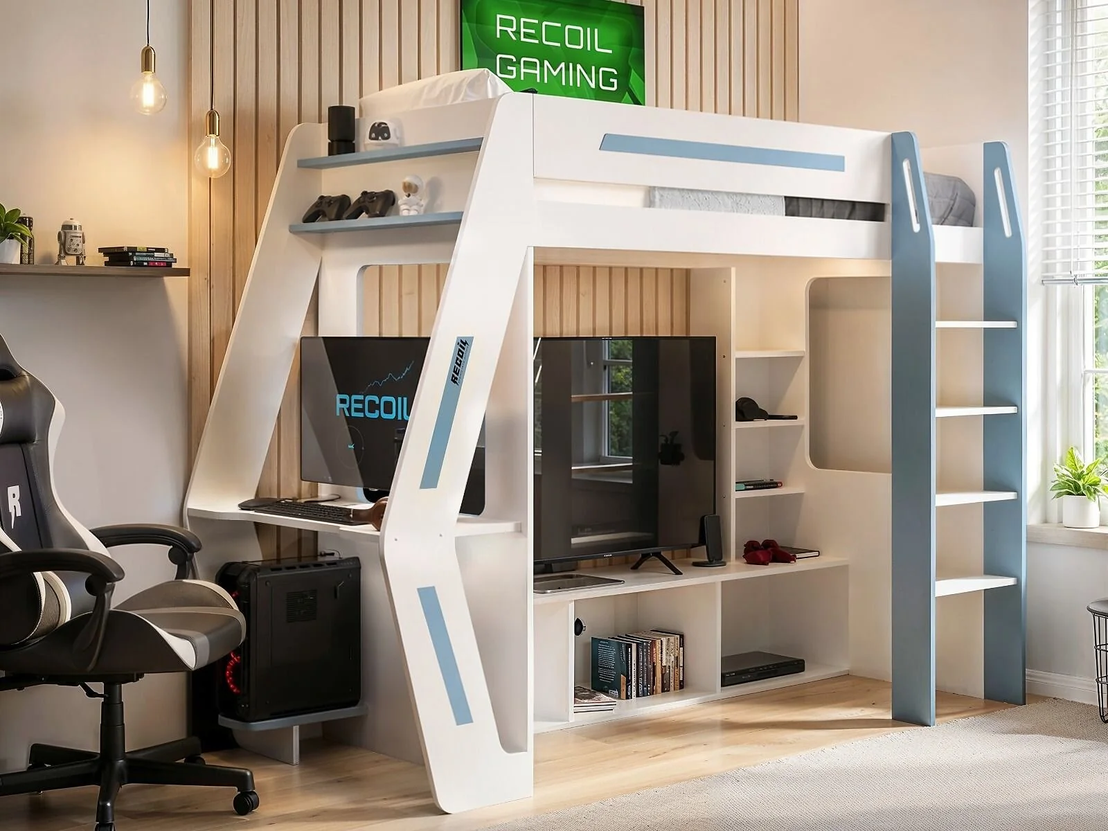 Recoil Alister gaming high sleeper with TV stand in White and Blue