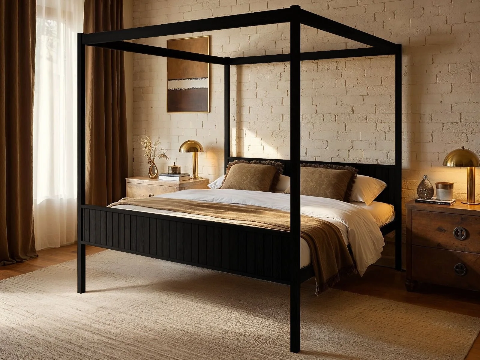 Flair Maddy solid pine 4 poster super king bed with slatted panels in a modern bedroom setting