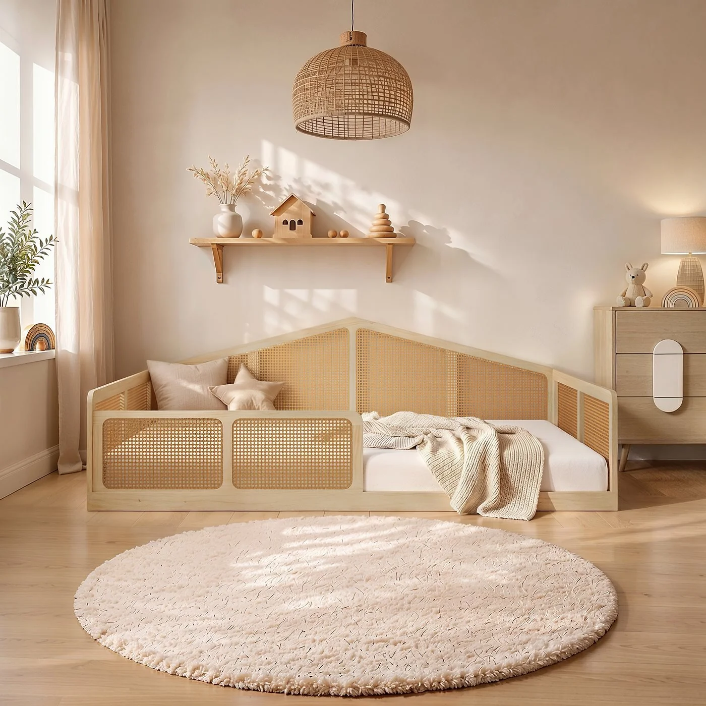 Flair Julian Small Double Montessori Bed with Rattan Panels Natural