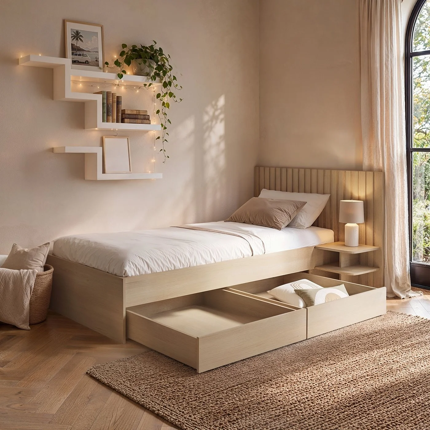 SOLACE+CO Taylor Single Bed Frame with Drawers & Integrated Bedside Table Oak image 3