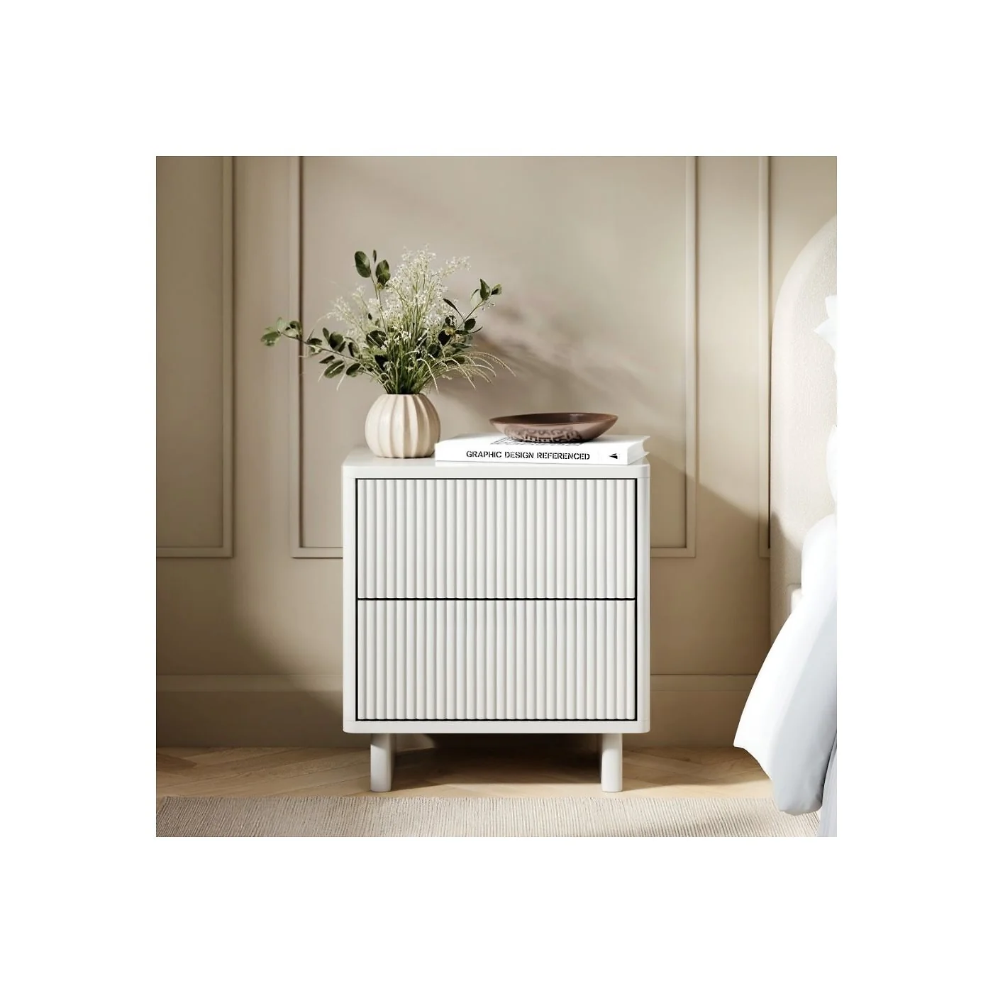 SOLACE+CO Velmor 2 Drawer Ribbed Bedside Table White