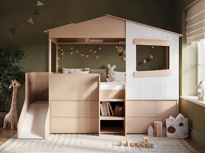 Dreamland White and oak kids mid sleeper bed with slide  shelves and storage steps