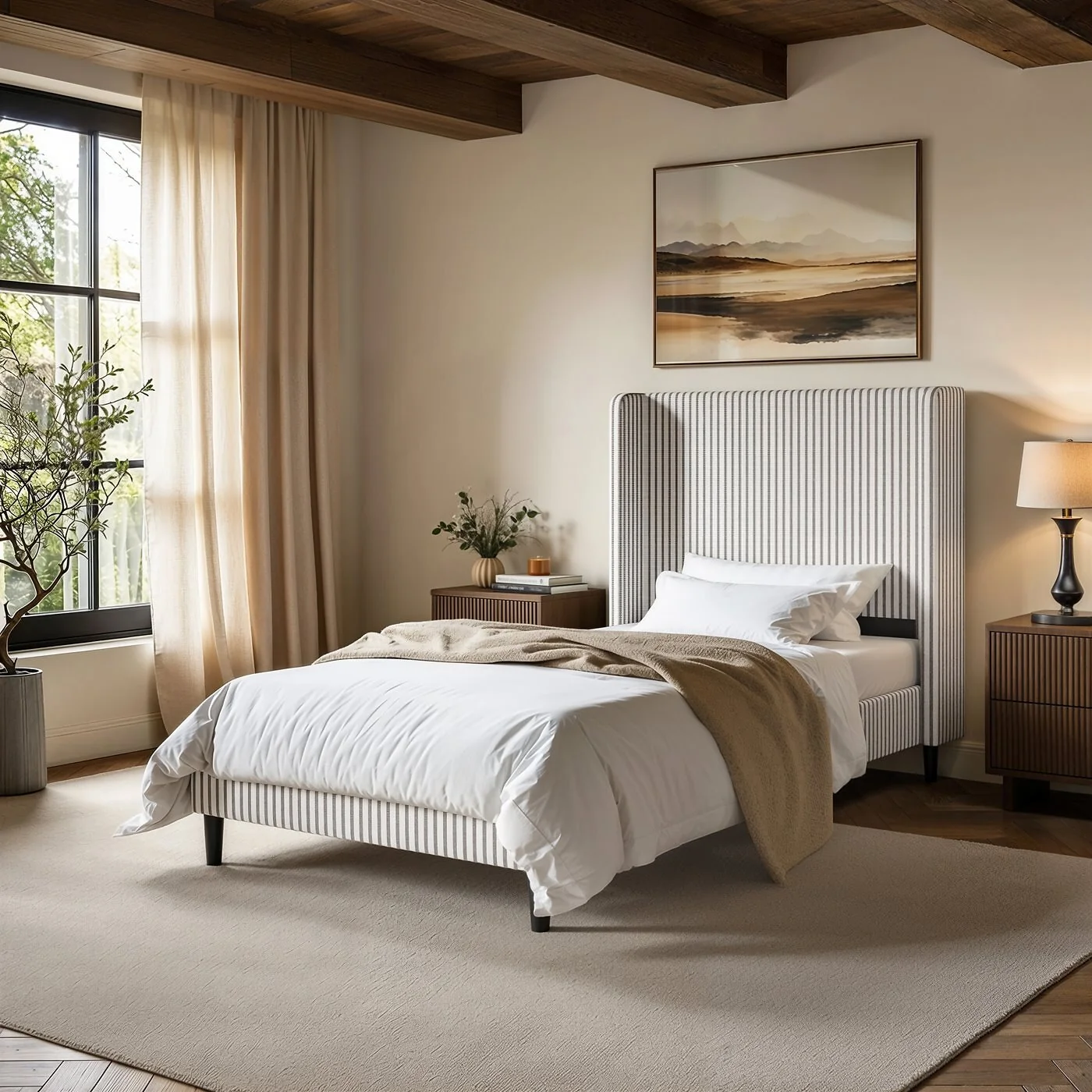 SOLACE+CO Jovanna Striped Bed with Winged Headboard Woven Fabric Brown image 4