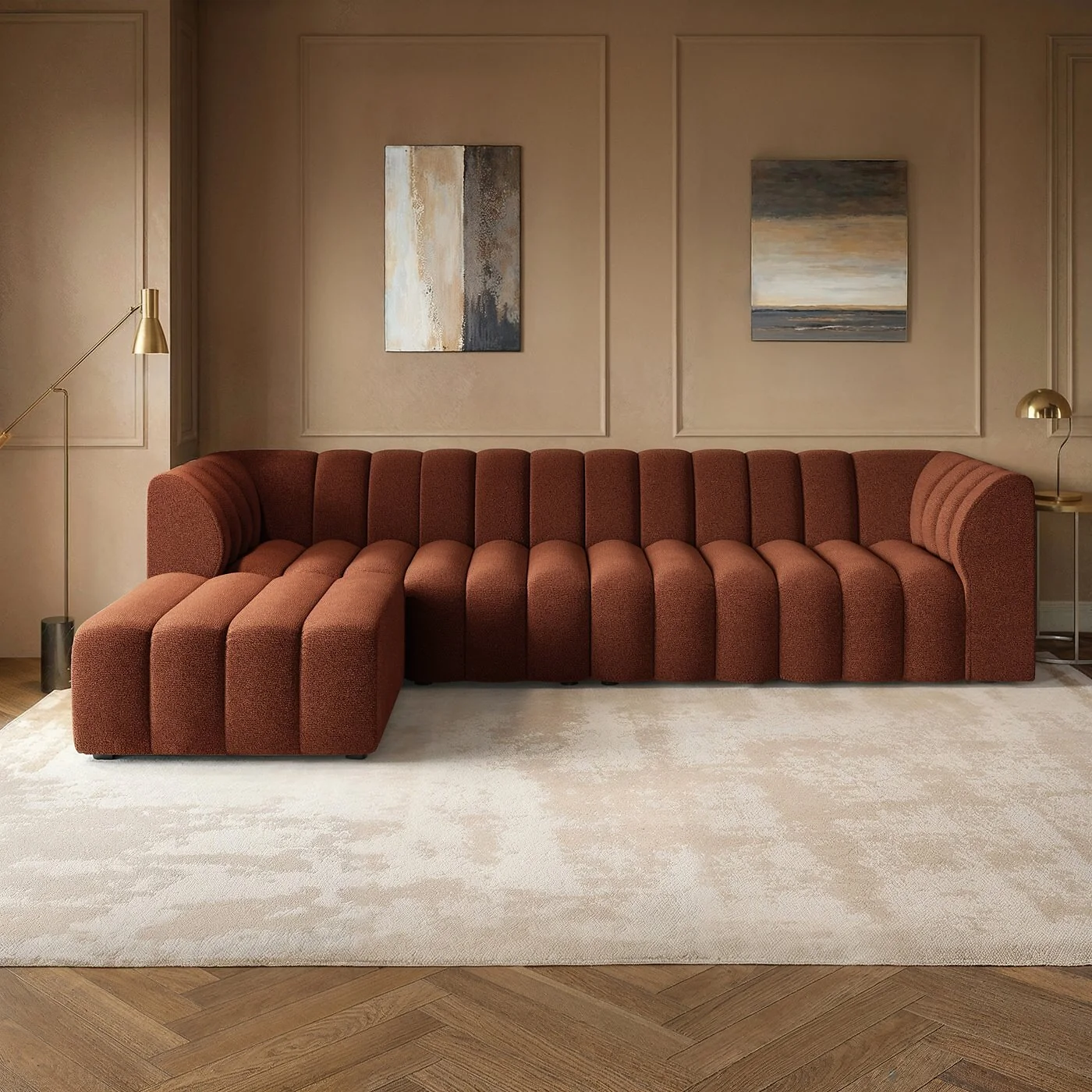 SOLACE+CO Halle Channel Tufted 4 Seater Modular Sofa with Reversible Footstool Burnt Orange Chenille image 2