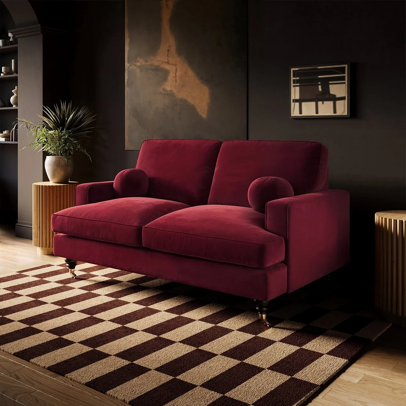 SOLACE+CO Addison 2 Seater Sofa with Caster Legs Burgundy Velvet image 2