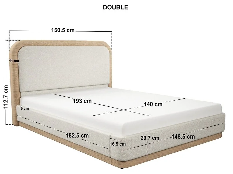 Cream upholstered bed with padded headboard and wood base detail. A modern low profile bed frame designed for comfort and style - dimensions