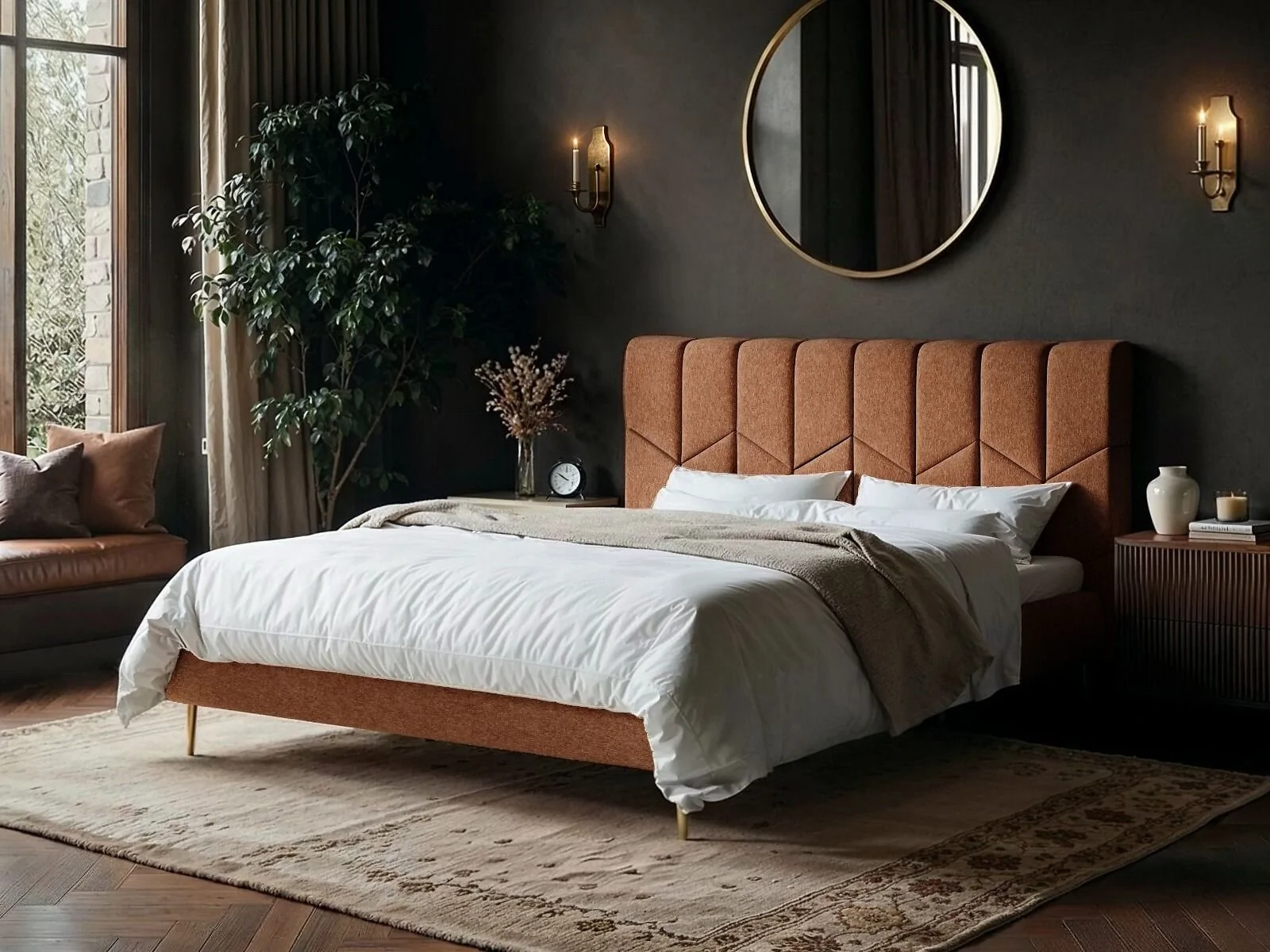 Solace+Co Isabela chenille bed frame with geometric upholstered headboard and slim gold legs