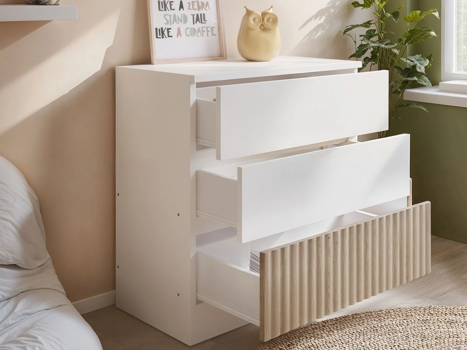 Flair Luca 3 Drawer White and Oak Chest of Drawers - open drawers