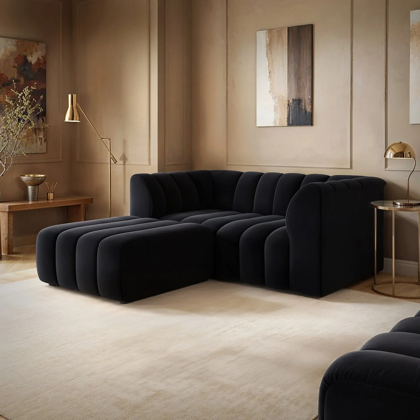 SOLACE+CO Halle Channel Tufted 2 Seater Sofa with Footstool Black Velvet