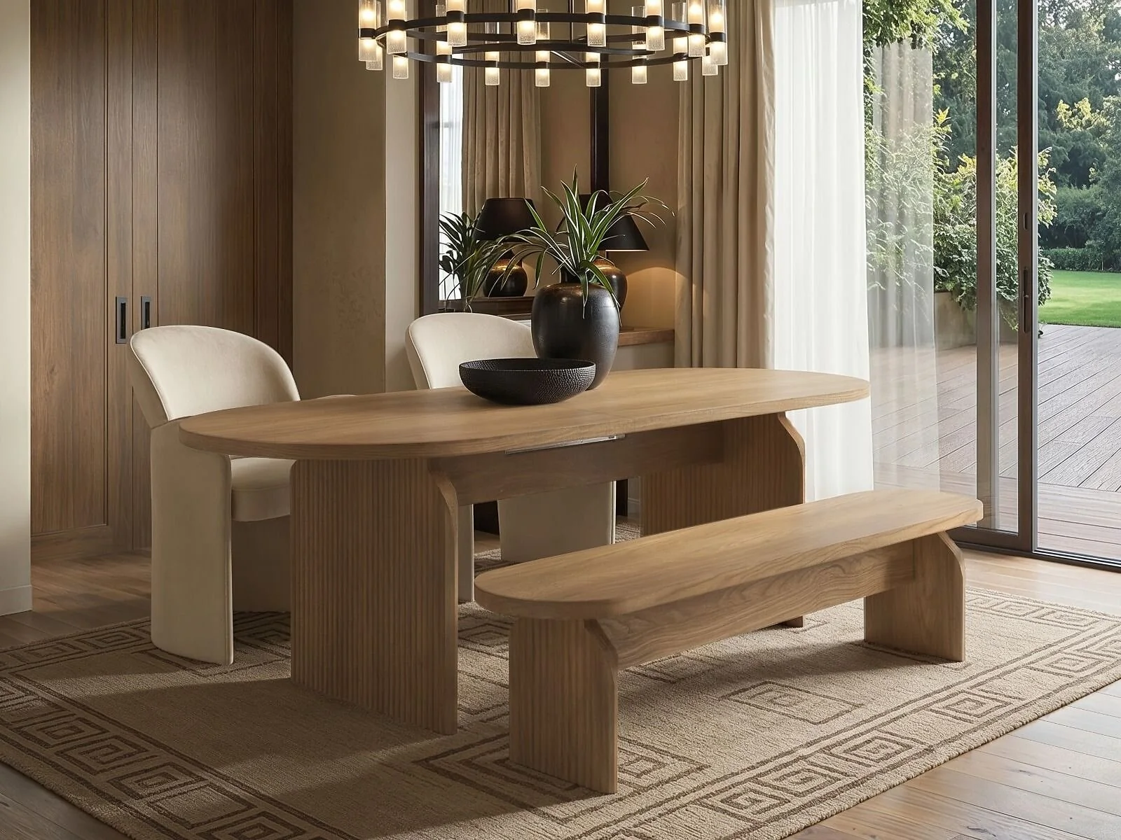 Varm and space saving dining table with chairs and bench
