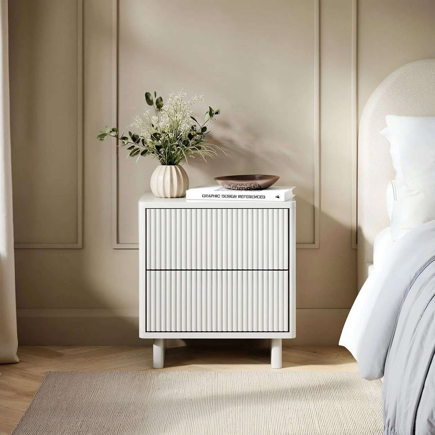 SOLACE+CO Velmor 2 Drawer Ribbed Bedside Table White image 2