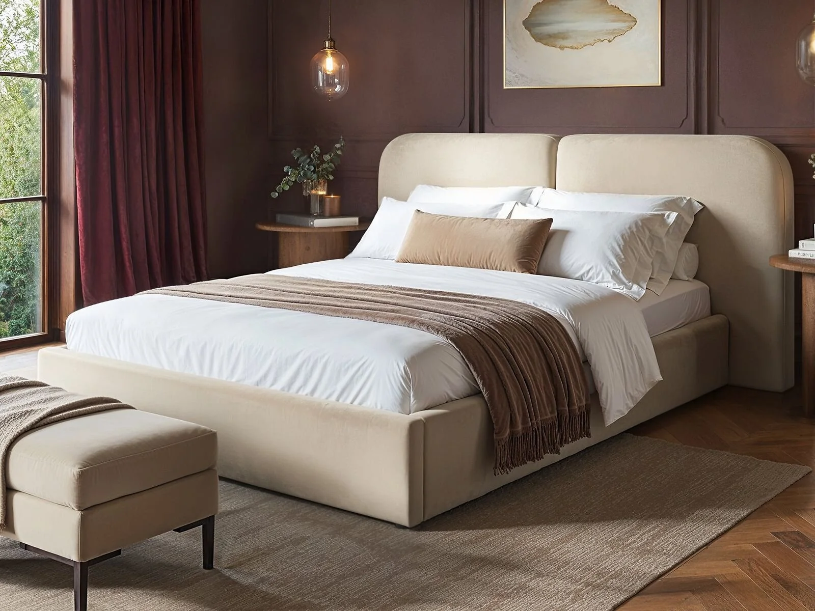 SOLACE+CO Lena pillow headboard bed in beige velvet styled in a modern bedroom