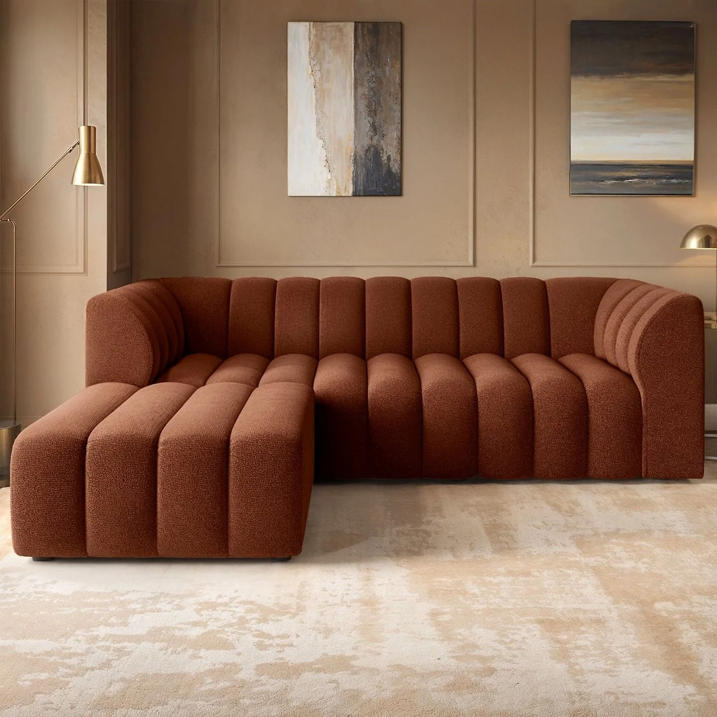 SOLACE+CO Halle Channel Tufted 3 Seater Sofa with Footstool Burnt Orange Chenille image 2