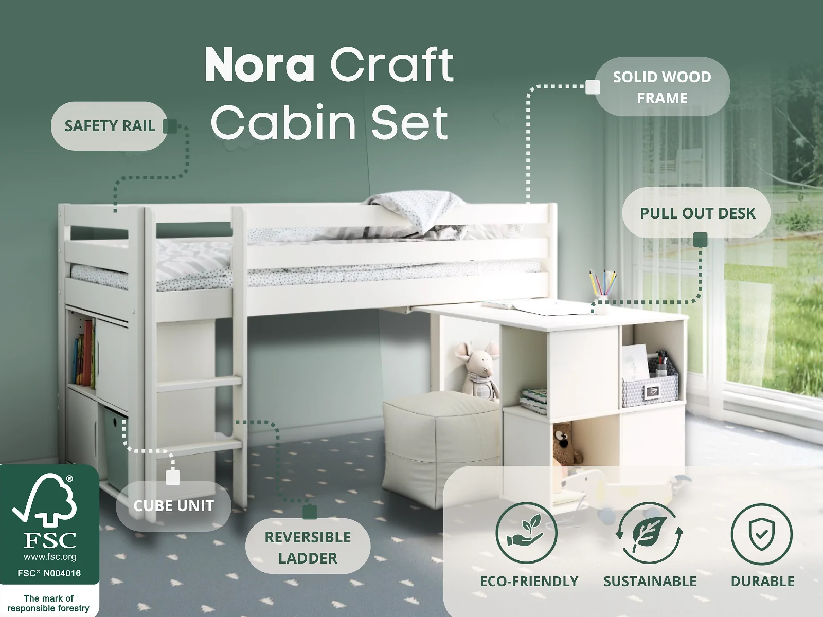 Noomi Nora Mid Sleeper Craft Cabin White Solid Wood (FSC-Certified) – view 2