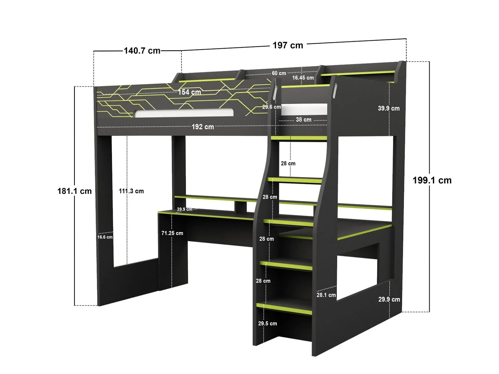 Recoil Vivid high sleeper gaming bed with desk and shelves