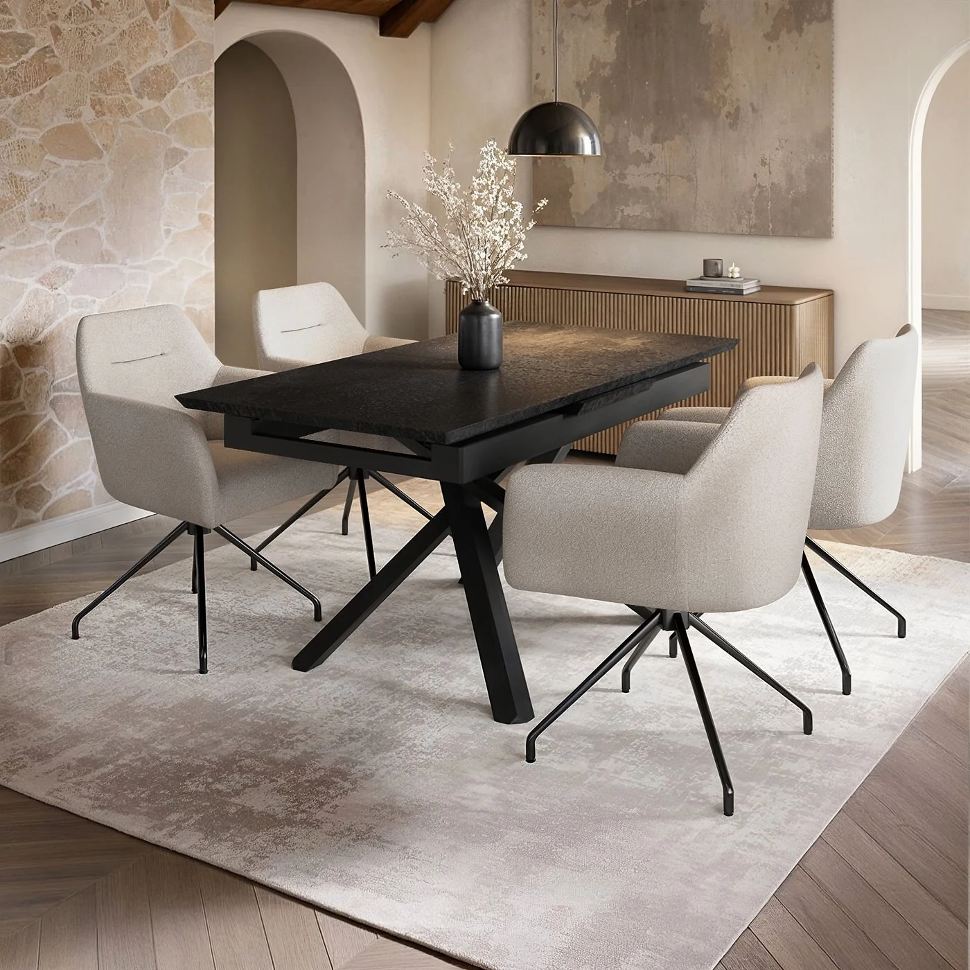 Solace+Co Lexi Extendable Dining Table with 4 Isla Chairs Cream