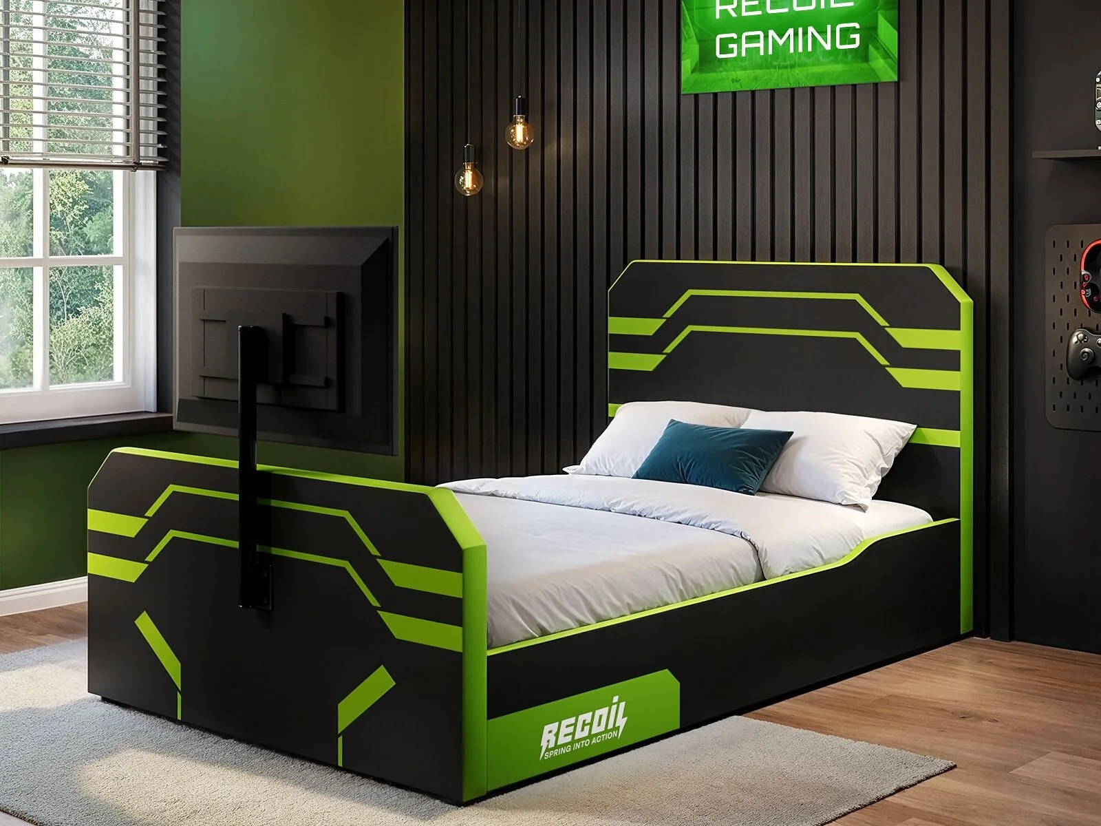 Recoil Alister side lift TV ottoman gaming bed in black and green in a gaming bedroom