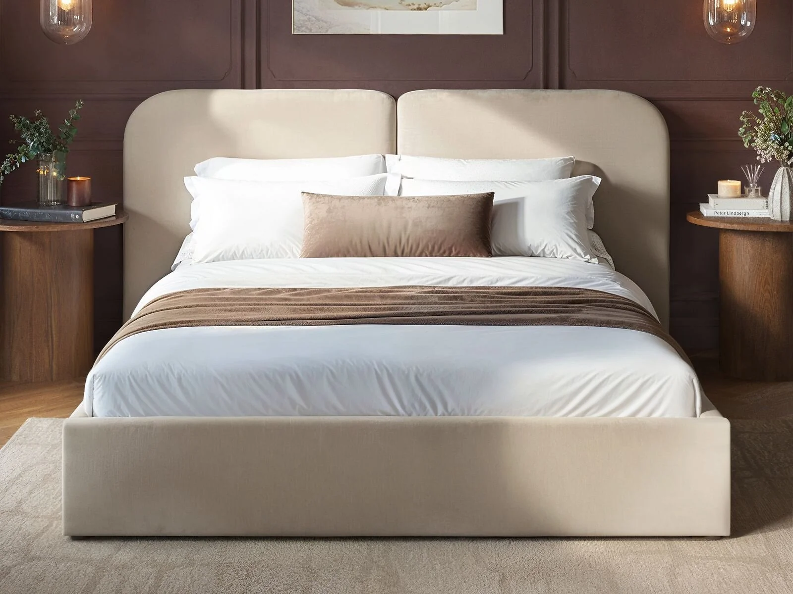 SOLACE+CO Lena pillow headboard bed in beige velvet styled in a modern bedroom - front angle