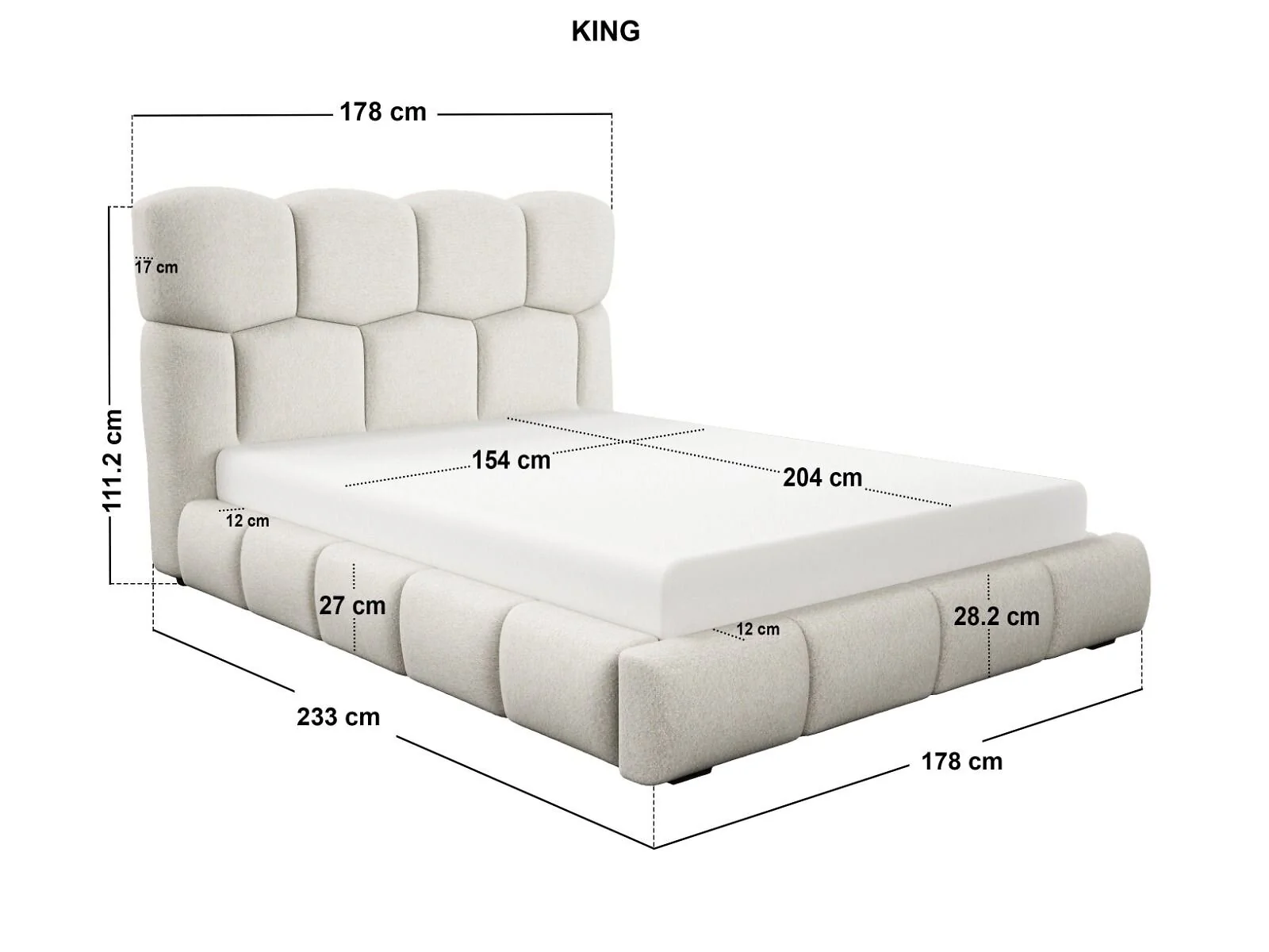 Solace+Co Irma Marshmallow Bed in cream chenille with a padded headboard and low profile upholstered bed frame - kingsize bed dimensions