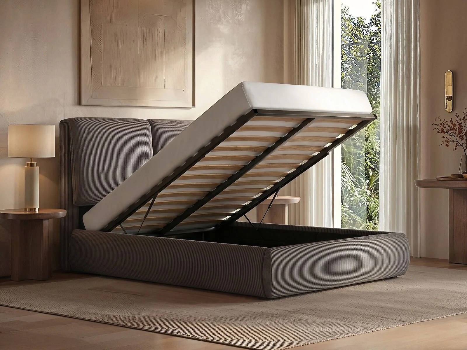 Lydia Cord Ottoman Bed Frame with cushioned headboard