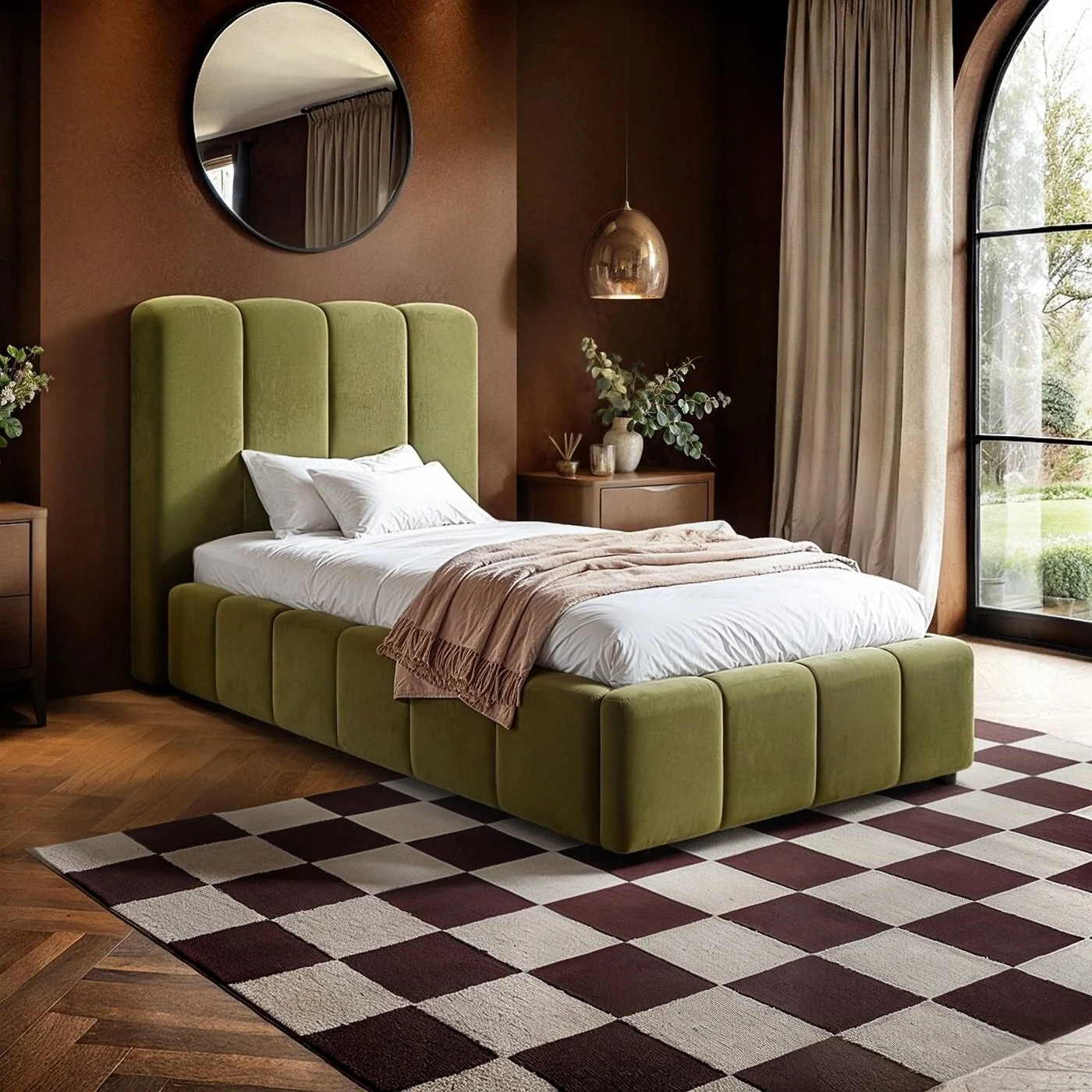 SOLACE+CO Emilie Single Ribbed Ottoman Bed Green Velvet