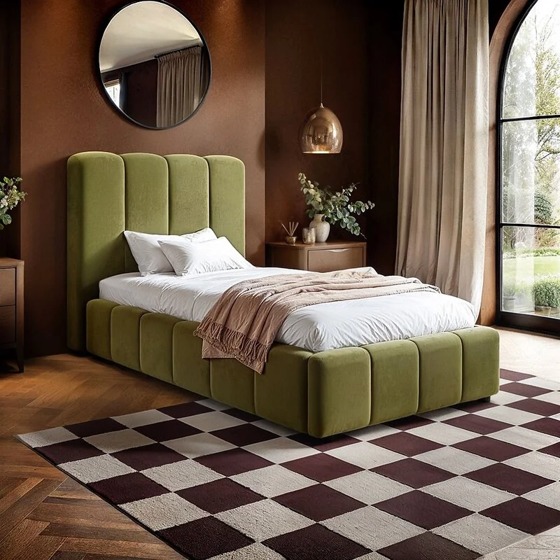 SOLACE+CO Emilie Single Ribbed Ottoman Bed Green Velvet