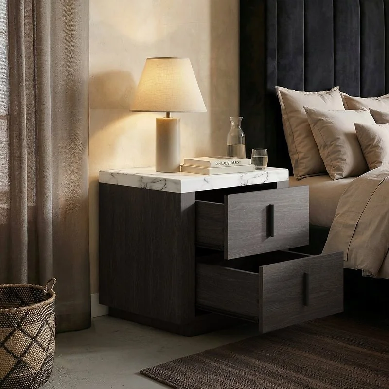 SOLACE+CO Marcel Walnut Bedside Table with Marble Effect Top image 3