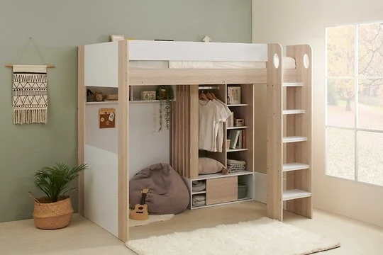 Flair Hampton Single High Sleeper Bed with wardrobe and storage in White and Oak